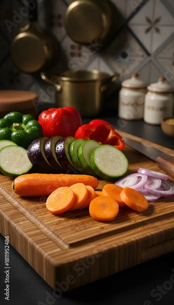 Obraz Vibrant sliced vegetables including carrots, cucumbers, and bell peppers on a wooden cutting board, ideal for food blogs or healthy recipe books.