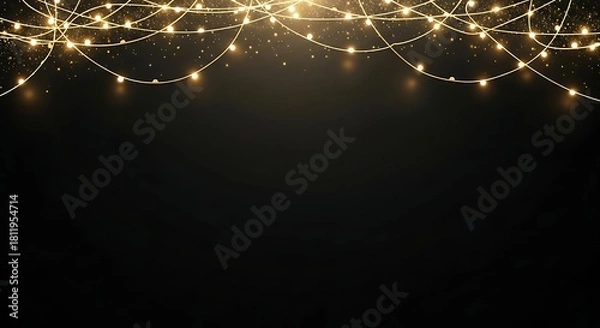 Obraz String of glowing warm yellow fairy lights hanging against a dark black background with subtle sparkle effect for festive decoration