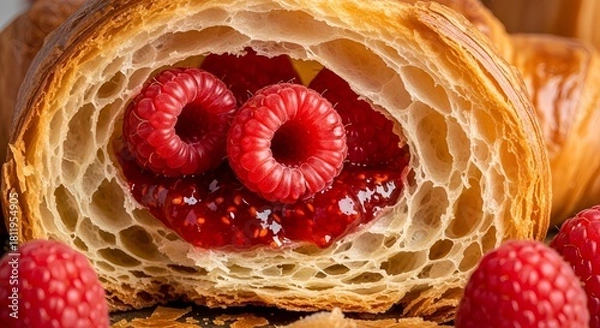 Fototapeta Indulge in a flaky croissant filled with sweet raspberry jam and fresh berries, perfect for a delicious breakfast or pastry shop promotion, mouthwatering treat