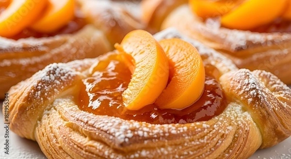 Fototapeta Indulge in a Fresh Apricot Pastry Delight with Sweet Jam and a Sprinkle of Powdered Sugar, Perfect for a Delicious Breakfast or Brunch Treat