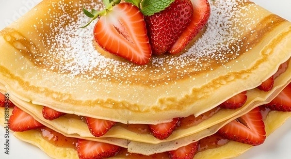 Fototapeta Sweeten your day with delicious strawberry crepes, a delightful treat drizzled with powdered sugar and jam, perfect for breakfast or a summer dessert