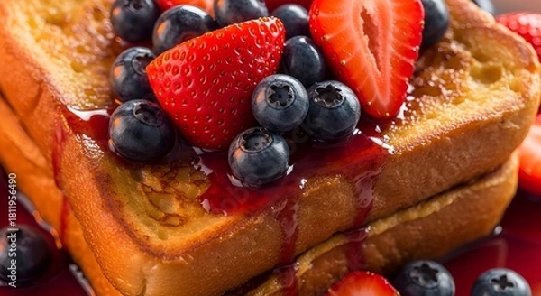 Fototapeta Golden french toast with vibrant strawberries and blueberries drizzled with sweet syrup, perfect for a delicious brunch or breakfast celebration