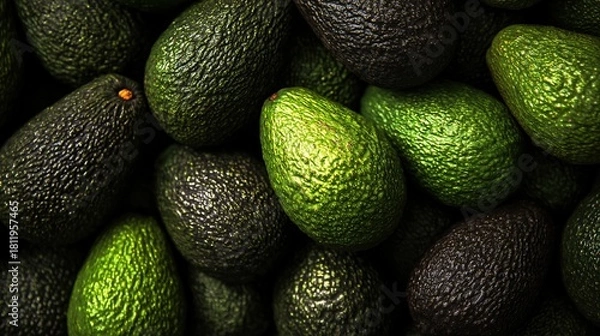 Fototapeta A vibrant close-up of fresh green avocados piled high, showcasing detailed textured skin and soft natural light reflections from above, ideal for health food and organic lifestyle themes.