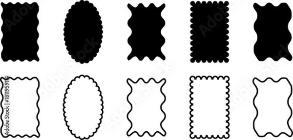 Fototapeta Abstract black fun scallop border frames with crayon texture. Squiggly rectangles and oval.