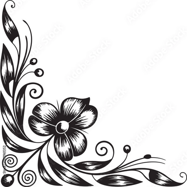 Fototapeta Black and white abstract floral vector background with leaves and swirls
