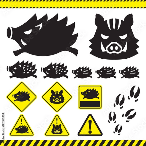 Obraz イノシシ注意標識と足跡のセット