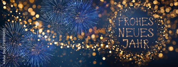 Fototapeta Frohes neues Jahr Grußkarte, Silvester Karte mit deutschem Text - Rahmen aus goldenem Feuerwerk, isoliert auf blauem Hintergrund