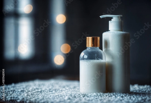 Fototapeta Luxury Skincare Bottles on Soft Snow Texture with Winter Light