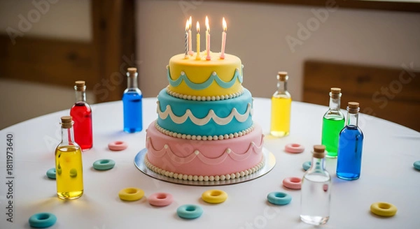 Obraz Colorful and decorative three-layer birthday cake centerpiece on a white tablecloth, suggesting a happy and vibrant indoor celebration event.