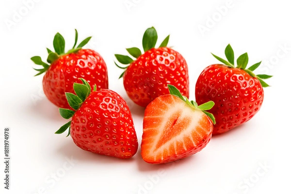 Obraz Closeup of fresh red ripe organic strawberries isolated on a white background, perfect for food and healthy diet concepts
