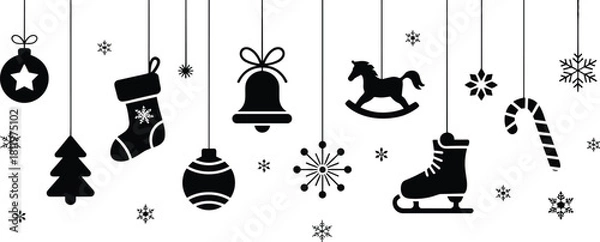 Obraz tree, star, stocking, bell, snowflake, candy cane, perfect for cards, decor, seasonal clipart