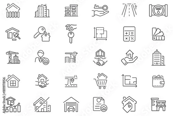 Fototapeta Real estate vector icon set. Investment, property, buying, renting, house, construction, return, leasing, building, road, hand key, house key and more. Vector illustration.