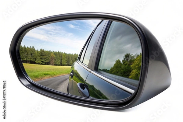 Obraz Reflection of a car driving down a scenic road inside mirror