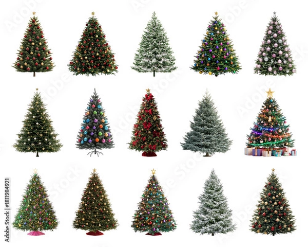 Obraz PNG Diverse festive Christmas trees displayed, element set on transparent background
