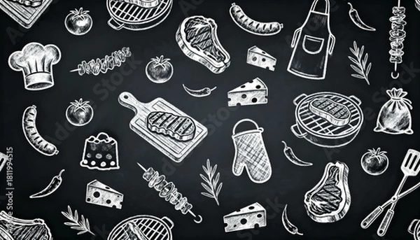 Fototapeta Chalkboard BBQ Pattern with Grills, Steaks and Cooking Tools
