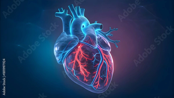 Fototapeta Striking anatomical heart illustration for medical presentations, healthcare marketing, and science education, showcasing the complex circulatory system