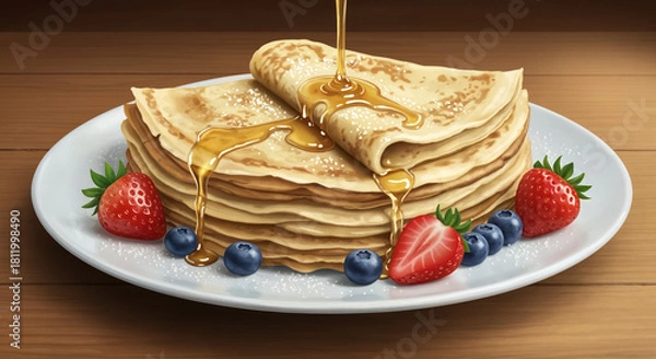 Fototapeta Stack of Thin Pancakes with Honey and Fresh Berries on Plate 

