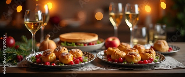 Obraz An elegant luxury New Year celebration scene highlighted with upscale decorations, gourmet delicacies, and a sophisticated ambiance, perfect for showcasing copy space.