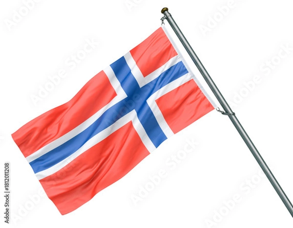 Obraz Norwegian flag waving on a flagpole isolated on transparent background, symbol of norway