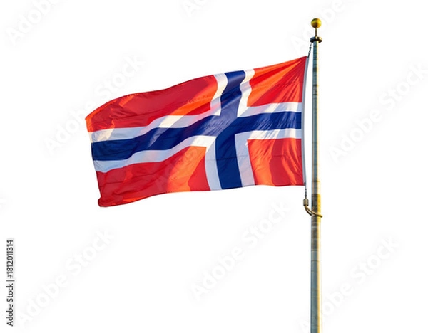 Fototapeta Norwegian flag waving proudly on a flagpole isolated on transparent background, symbol of norway