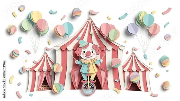 Fototapeta Whimsical Circus Scene with Clown and Pastel Balloons.