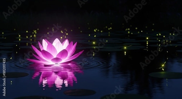 Fototapeta Enchanting Pink Lotus Flower Illuminated at Night on Calm Water Surface with Soft Glow