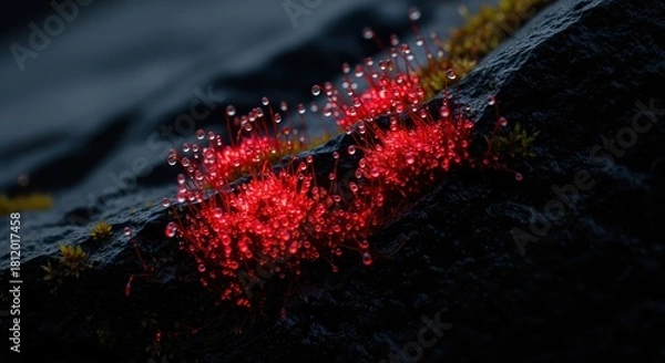 Fototapeta Vibrant Red Fungi with Dew Drops Glimmering on Rocky Surface in Dark Environment