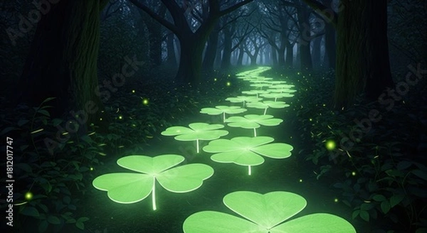 Fototapeta Enchanted Forest Pathway with Glowing Clover Leaves and Mystical Lighting Effects