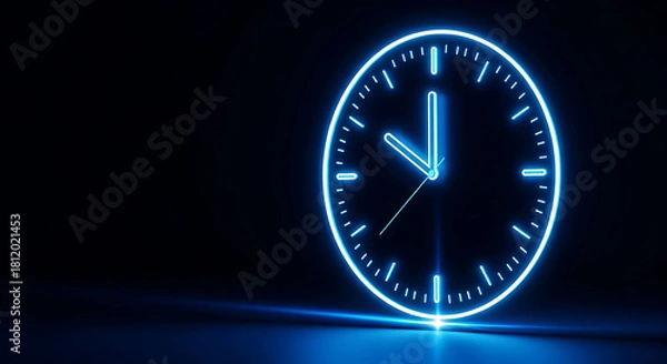 Obraz Glowing blue neon clock face on black background time