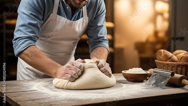 Fototapeta Baker Kneading Dough with Passion in a Warm Bakery.