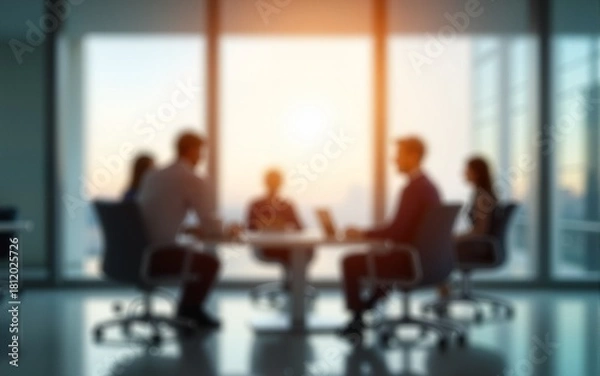 Obraz Defocused abstract background featuring a modern meeting room with natural light and a professional team collaborating. Ideal for business and corporate visuals. High quality