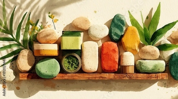 Fototapeta Colorful natural soaps arranged on a wooden shelf, featuring various shapes and vibrant hues, complemented by green plants.
