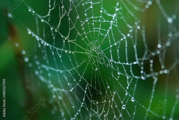 Fototapeta Macro shot of a glistening spider web with complex patterns and water beads, in a natural green setting, for science illustrations and wallpapers.