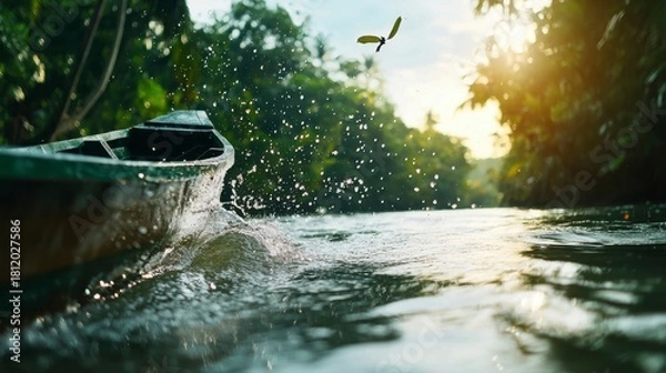 Fototapeta Serene Sunrise River Journey with Traditional Canoe in Lush Jungle