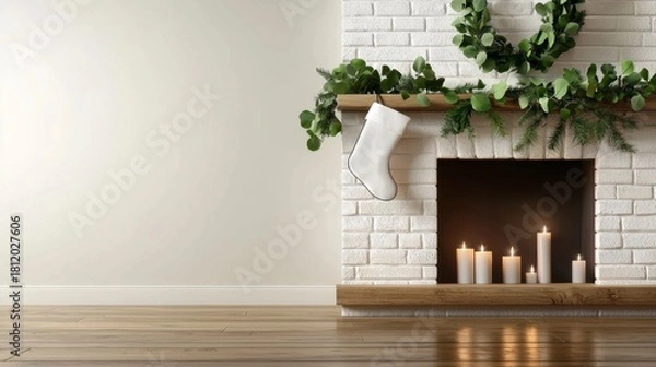 Obraz Elegant Christmas Fireplace Decor with Stocking and Candles