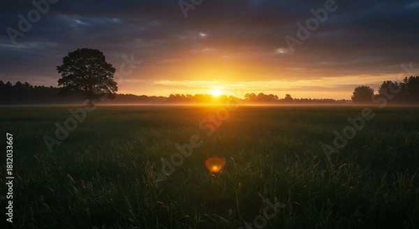 Fototapeta Sunrise Over Field with Tree and Sunlight