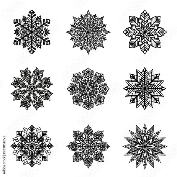 Fototapeta Collection of Artistic Snowflake Designs with Geometric Ornament and Frosty Pattern for Winter Season Elements with Detailed Line Art for Decoration and Backgrounds