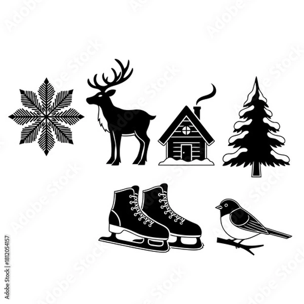 Fototapeta Collection of Winter Season Icons, Including Snowflake, Reindeer, Cabin, Pine Tree, Skates, and Bird on Branch, Representing Seasonal Activities and Natural Elements