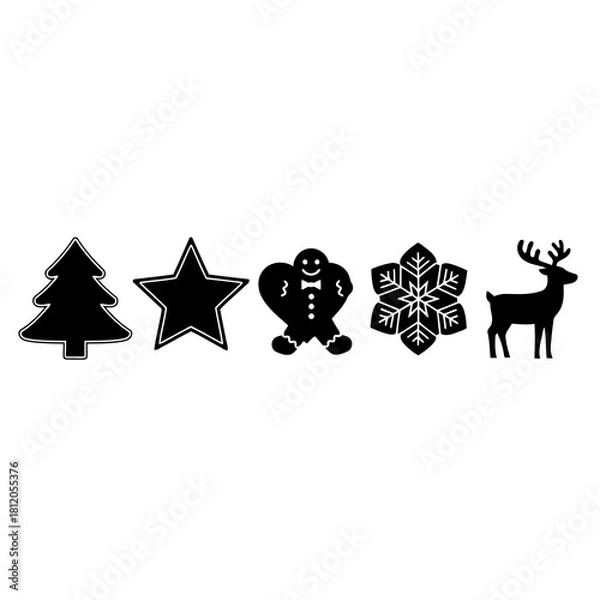 Fototapeta Black and White Collection of Winter Season Icons Consisting of Fir Tree Star Gingerbread Man Snowflake and Reindeer Holiday Season Decor Elements for Print and Digital