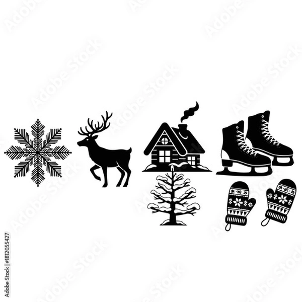 Fototapeta Black and White Winter Icons Collection with Snowflake Reindeer Cottage Ice Skates Winter Tree and Gloves Festive Season Elements for Decoration and Design Vector Graphic