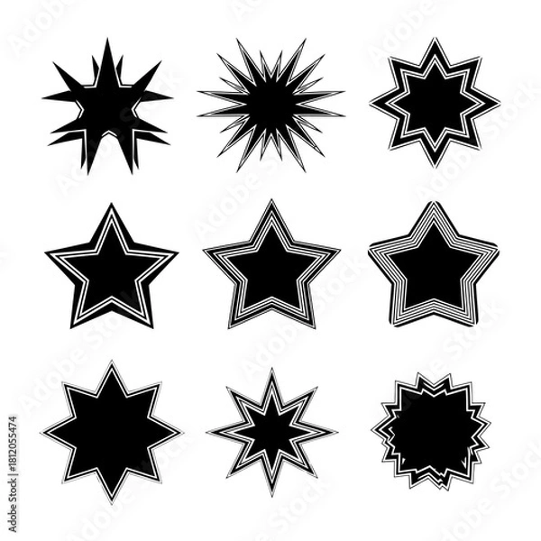 Fototapeta Varied Collection of Bursting Star Shapes in Black and White Vector Format for Graphic Design Projects and Abstract Backgrounds with Geometric Starbursts