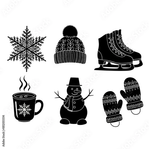 Fototapeta Set of Winter Season Iconography Featuring Snowflakes, Warm Hat, Ice Skates, Steaming Mug, Snowman, and Cozy Mittens in Minimalist Black and White Style