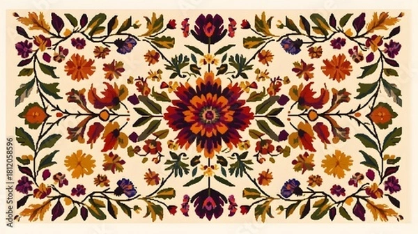 Obraz Ornate symmetrical floral embroidery design features richly colored blossoms and foliage