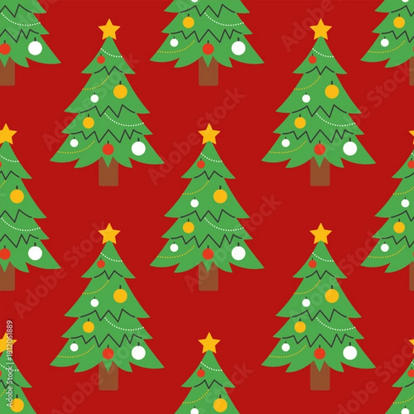 Fototapeta Seamless pattern with Christmas trees decorated with Christmas toys and garlands on a red background. Vector New Year and Christmas illustrations.