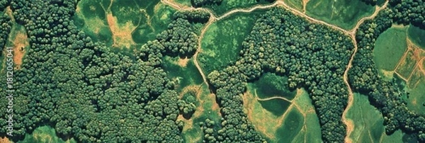 Obraz Top view of lush woodland and grassy terrain with winding paths