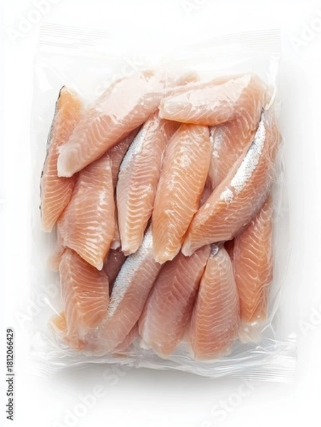 Fototapeta Fresh raw fish fillets packed in sealed plastic bag on white background