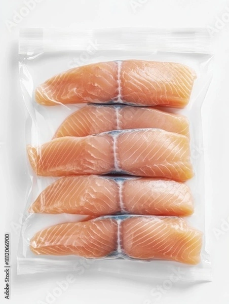 Obraz Vacuum-packed raw salmon fillets in clear plastic pouch, on white background