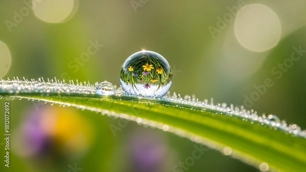 Fototapeta Macro shot of a water droplet on a blade of grass reflecting flowers.