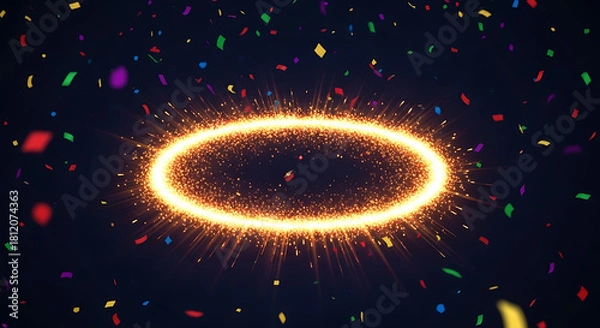 Obraz A spectacular, abstract visual of a glowing elliptical spark portal, contrasted dramatically against a dark setting with floating confetti