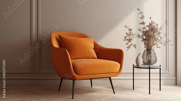 Fototapeta Comfortable orange aesthetic armchair in living room interior